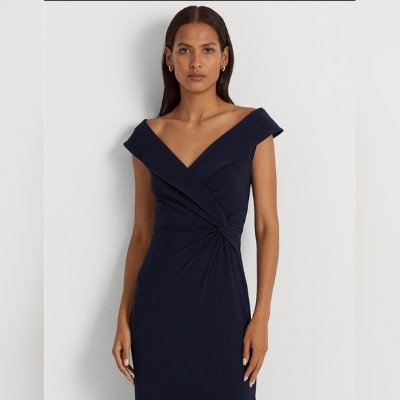 NWT Lauren Ralph Lauren Navy Portrait Collar Cap Sleeve Crepe Sheath Gown - Picture 5 of 6